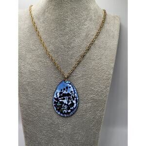 Vintage Blue Enamel Copper Teardrop Pendant Necklace Artisan Style